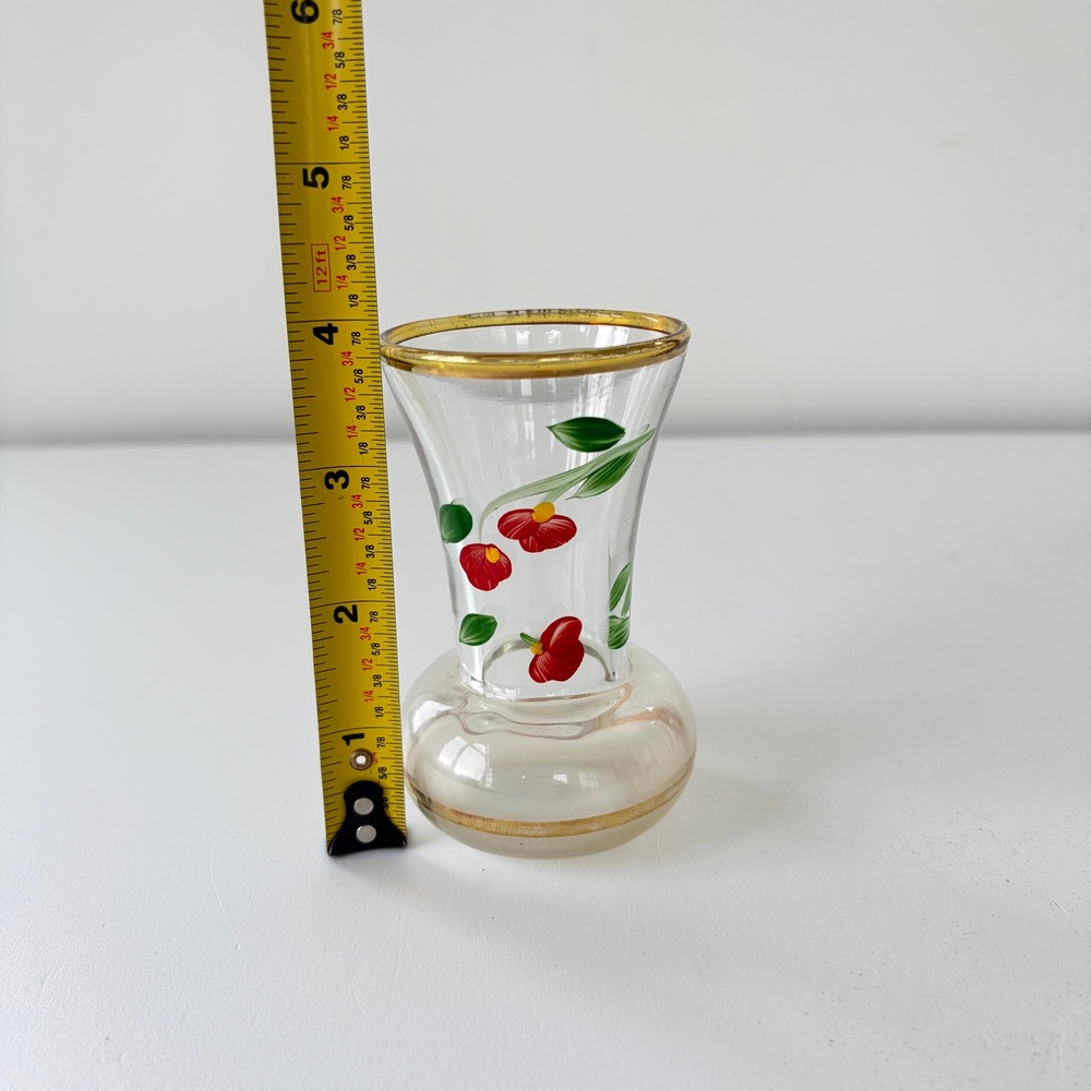 Vintage Hand Painted Floral Glass Bud Vase Red Flowers Gold Rim 3.75 Inch - Picture 4 of 7